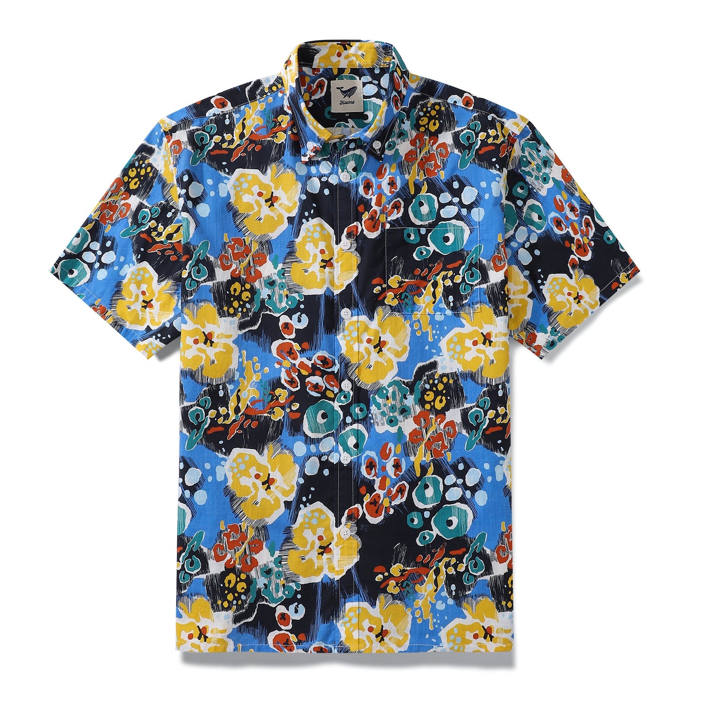 Men's Hawaiian Shirt Blue Coral Reef Print Cotton Button-down Short Sleeve Aloha Shirt