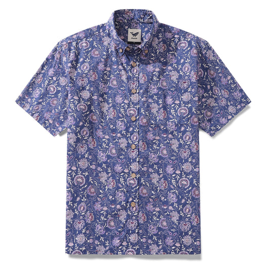 Men's Hawaiian Shirt Mystic Flowers Print Cotton Button-down Short Sleeve Aloha Shirt