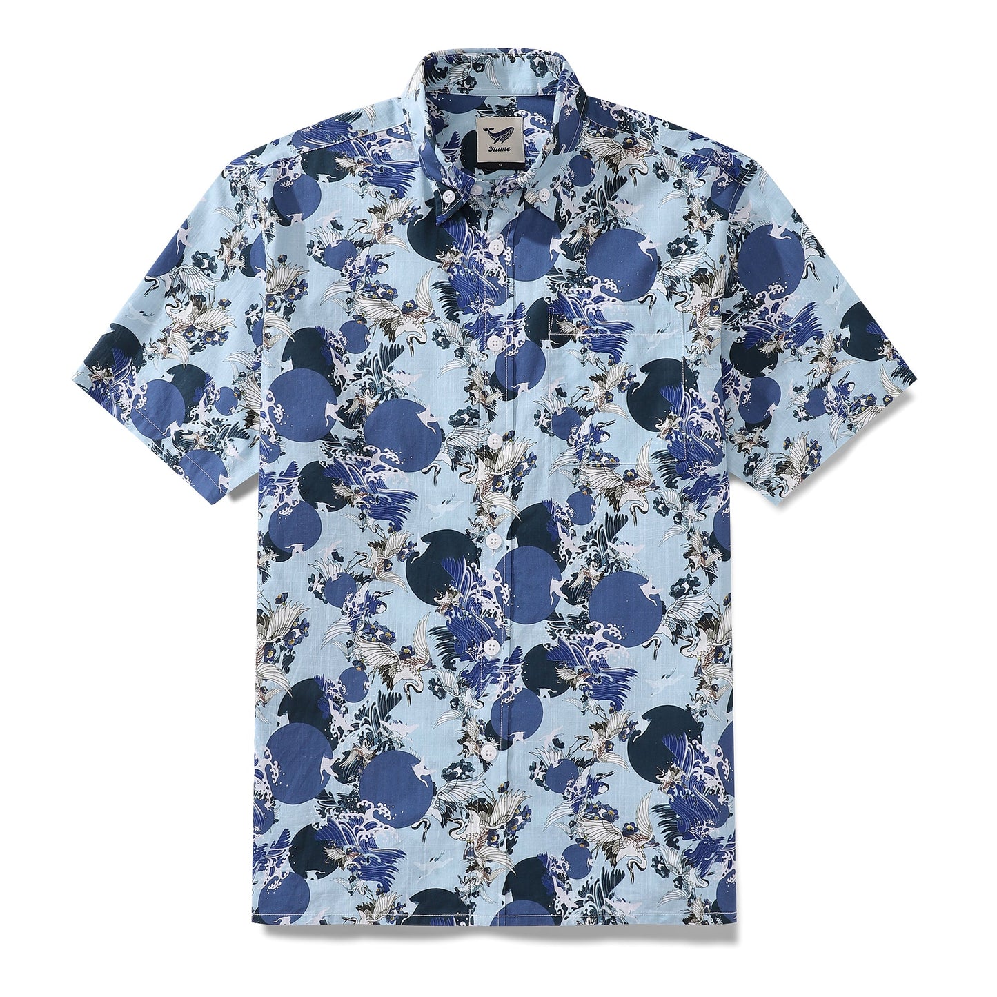 Men's Hawaiian Shirt Crane Waves Dancing Together Print Cotton Button-down Short Sleeve Aloha Shirt