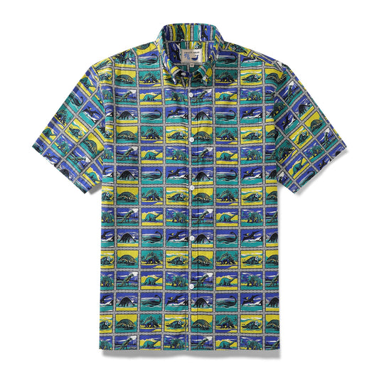 Hawaiian Shirts for Men Retro Dinosaur Stamp Collection 100% Cotton Short-Sleeve