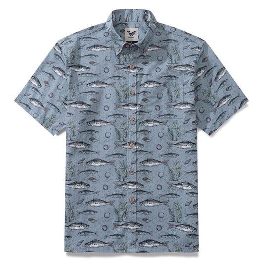 Fish Shirt For Men Gray Hawaiian Shirt Cotton Button-down Short Sleeve Aloha Shirt