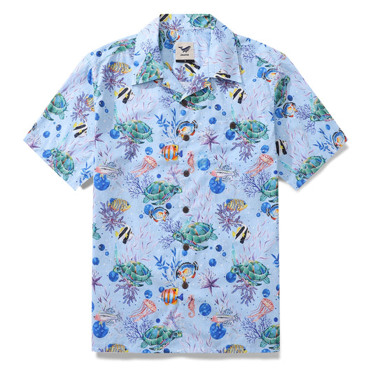 Hawaiian Shirts For Men Vintage Cotton Underwater World Short Sleeve Aloha Shirt