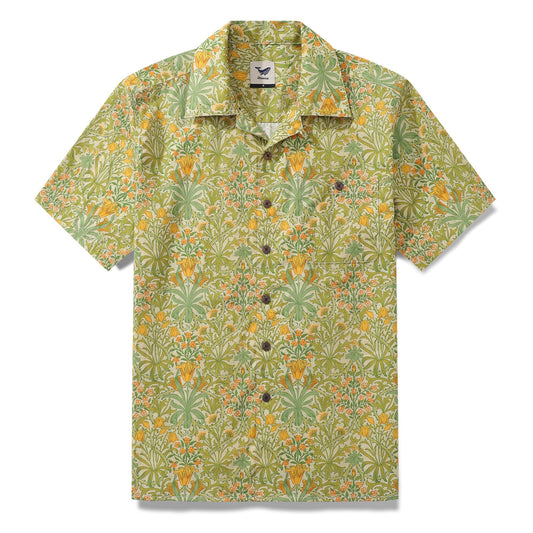 Hawaiian Shirt For Men Summer Yellow Tones Shirt Camp Collar 100% Cotton