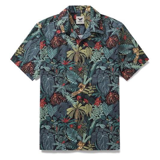 Hawaiian Shirt For Men Green Jungle Print Shirt Camp Collar 100% Cotton
