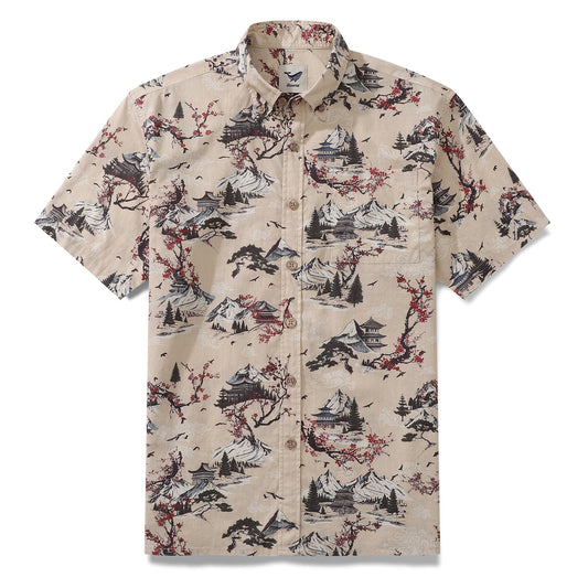 Men's Hawaiian Shirt Plum Blossom Print Cotton Button-down Short Sleeve Aloha Shirt