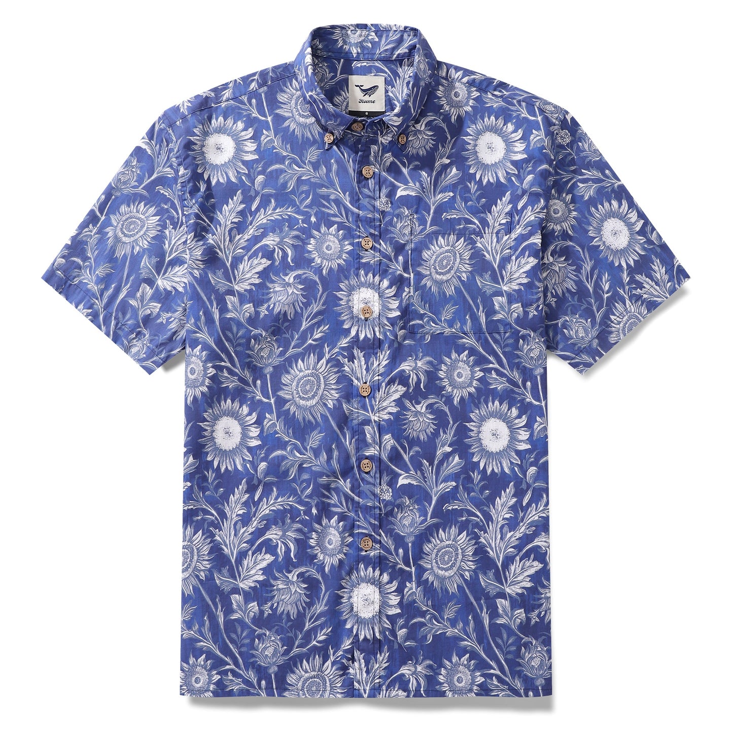 Hawaiian Shirt For Men Blue and White Porcelain Sunflower Button-down Short Sleeve 100% Cotton Shirt