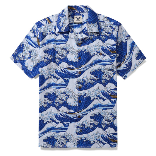 Hawaiian Shirt For Men Ocean Waves Japanese Print Shirt Camp Collar 100% Cotton