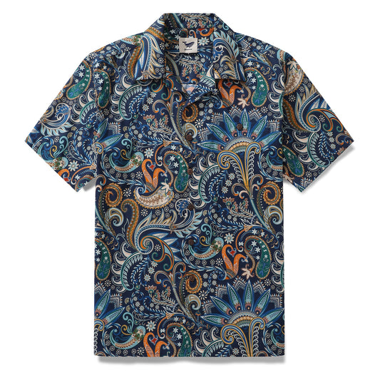 Dark Blue Hawaiian Shirt For Men 100% Cotton Blue Night Print Camp Collar Shirt