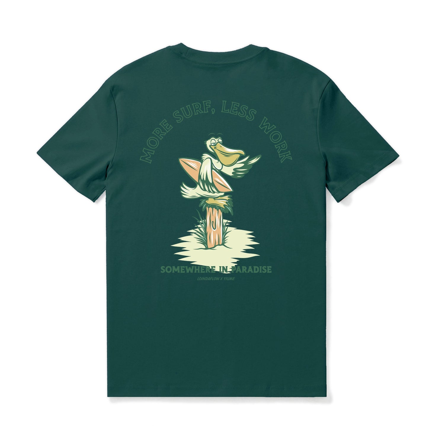 Hawaiian Tee For Men More Surf - Less Work By Loindaflow Tee Crew Neck 100% Cotton - DARK GREEN