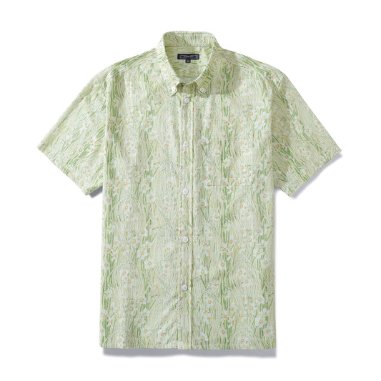 Men's Aloha Shirt Light Green Vintage Daffodils Floral Cotton Short Sleeve Button Down