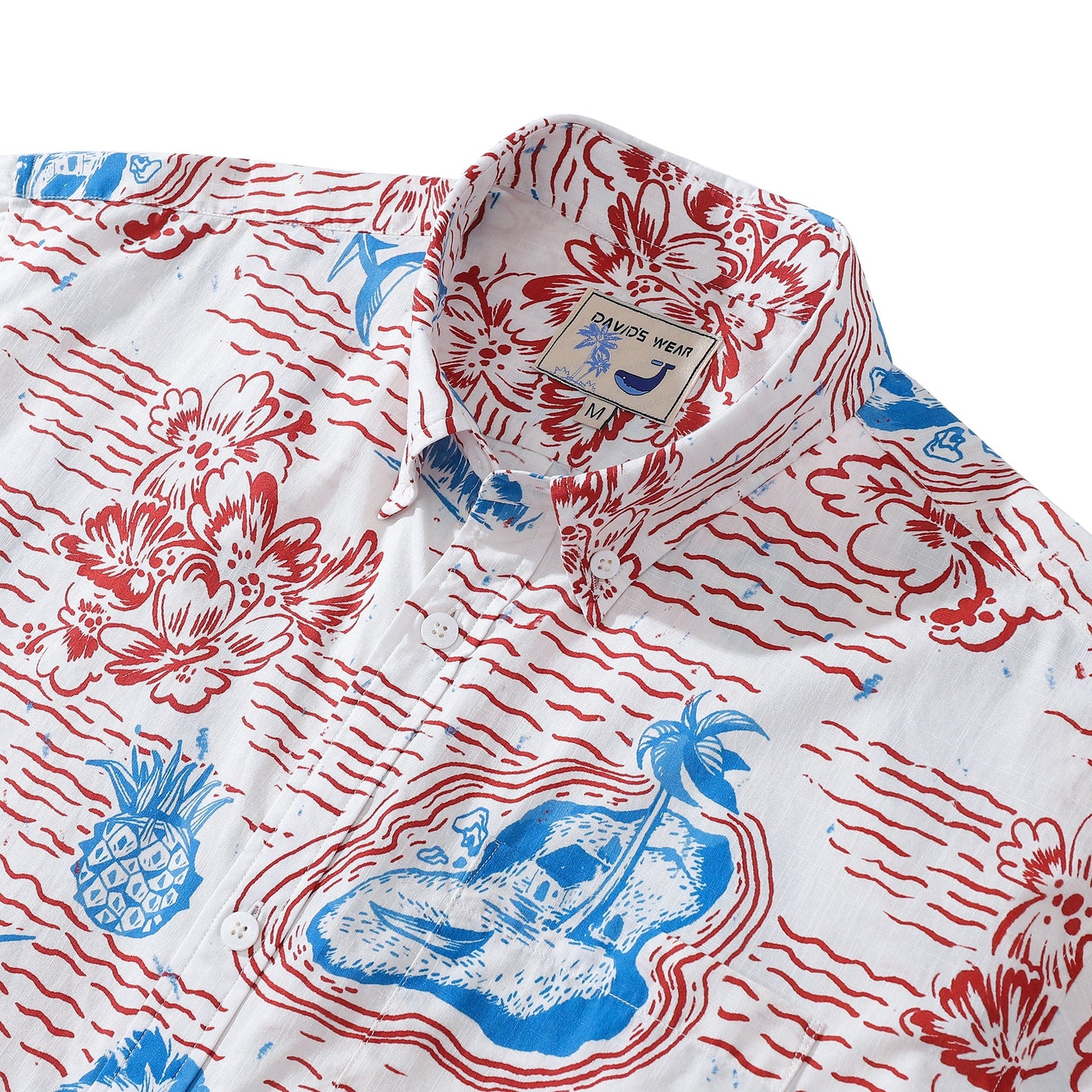 Hawaiian Men's Shirt with Tuna and Tropical Scenery Print, Made of 100% Cotton