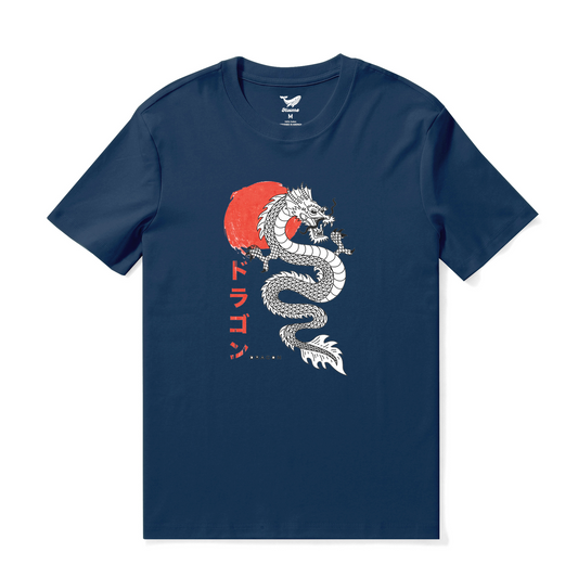 Hawaiian Tee For Men Dragon Dance Tee Crew Neck 100% Cotton - NAVY BLUE