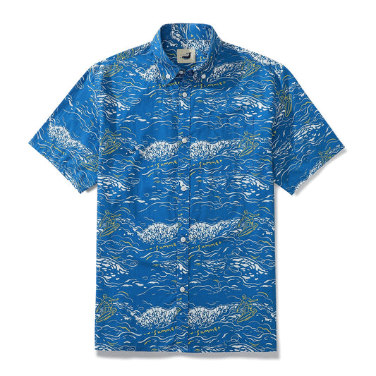 Ocean Waves Calssic Print Men's Button-down Shirt 100% Cotton Shell Button