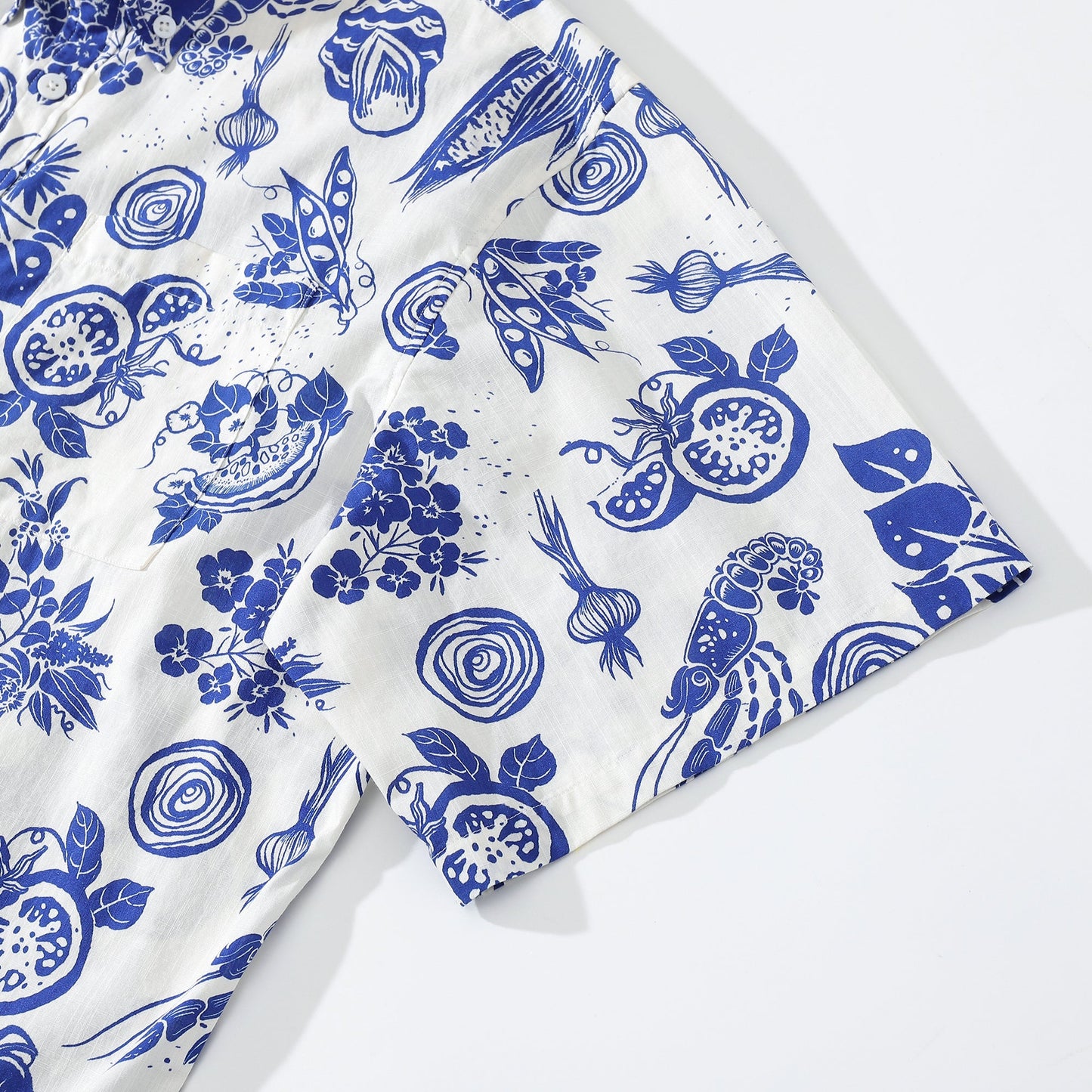 Hawaiian Shirt For Men Shrimp and Vegetable Blue and White Bicolor Print Short Sleeve Cotton Button Down
