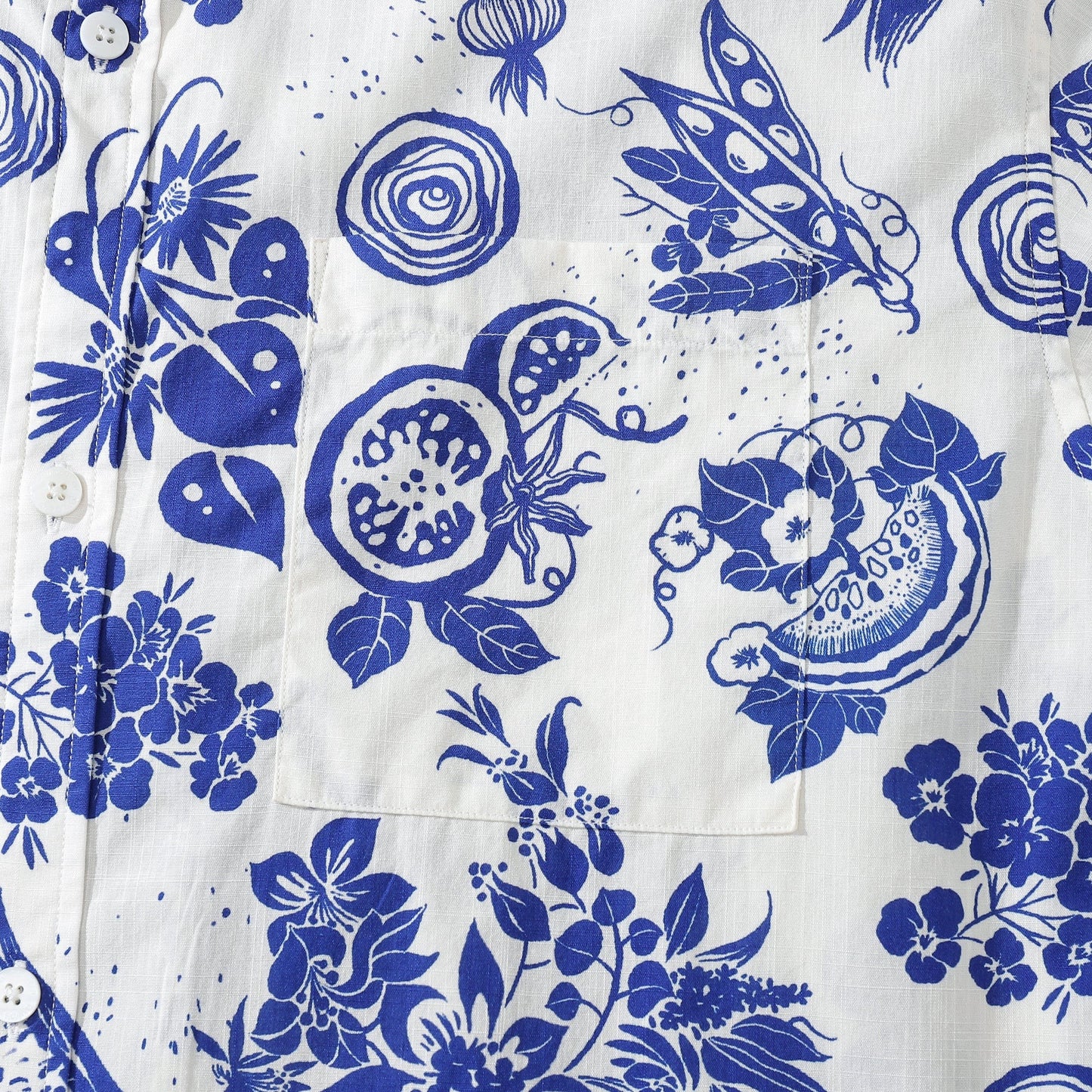 Hawaiian Shirt For Men Shrimp and Vegetable Blue and White Bicolor Print Short Sleeve Cotton Button Down