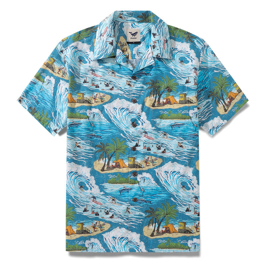 Vintage Hawaiian Shirt For Men Ocean Thrills Camp Shirt 100% Cotton