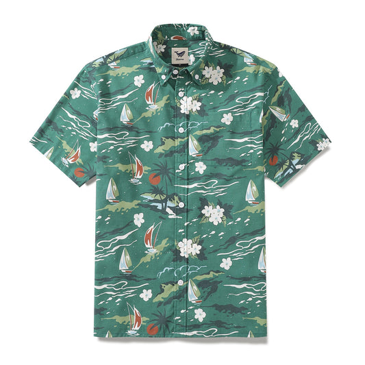 Wrinkle-Free Men's Hawaiian Shirt Summer Sailing Print Button-down Short Sleeve Aloha Shirt