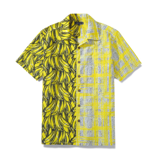 Men's Aloha Shirt Cotton Short Sleeve Banana Geometric Camp Shirt Coconut Button