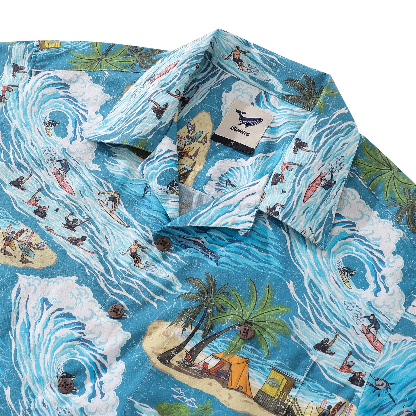 Vintage Hawaiian Shirt For Men Ocean Thrills Camp Shirt 100% Cotton