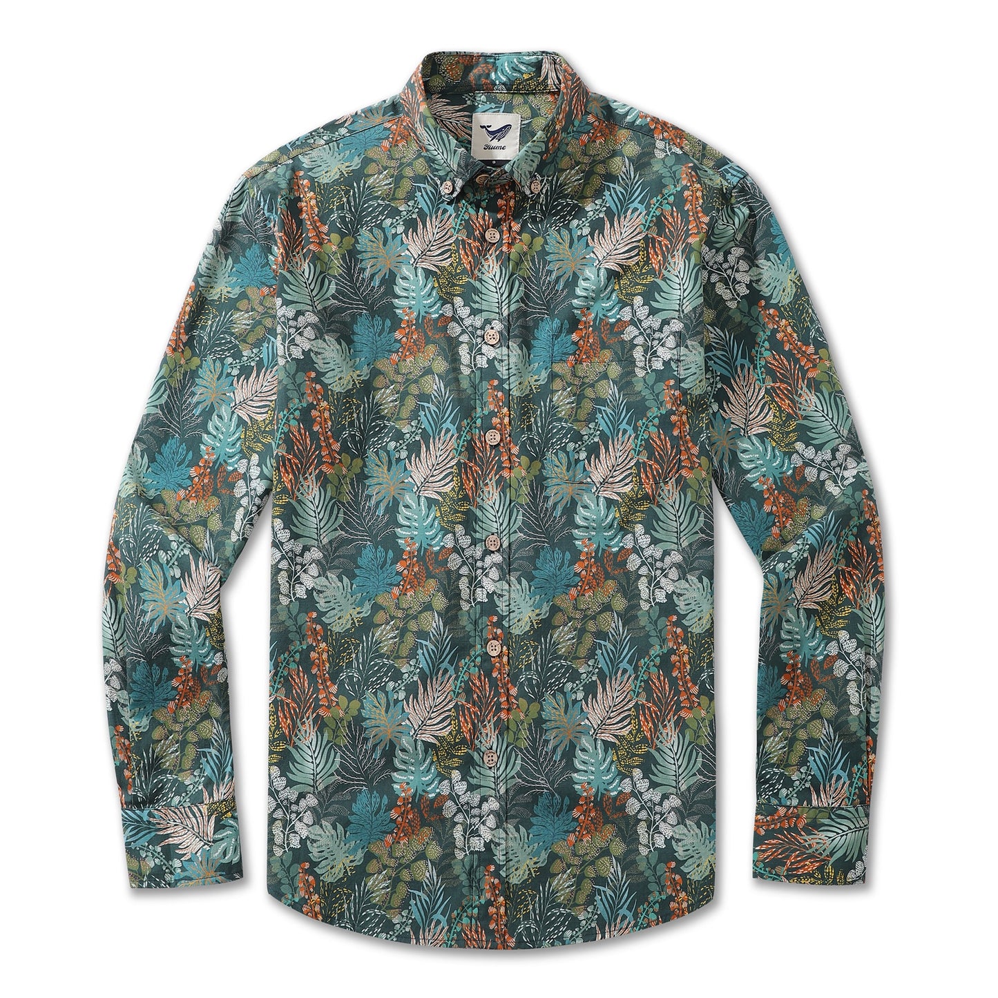 Men's Hawaiian Shirt Tropical Night Emerald Leaves Print By Annick Cotton Button-down Long Sleeve Aloha Shirt