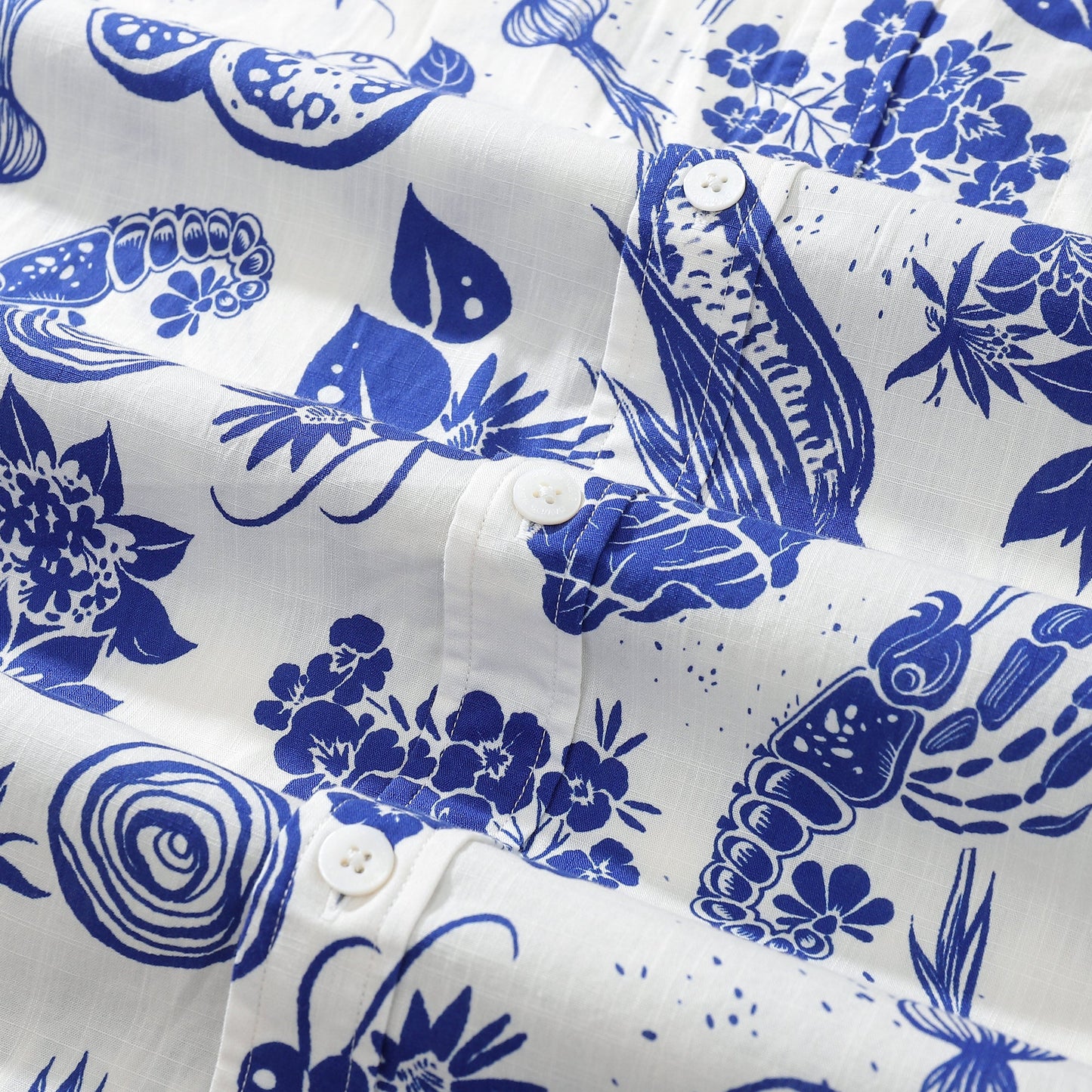 Hawaiian Shirt For Men Shrimp and Vegetable Blue and White Bicolor Print Short Sleeve Cotton Button Down