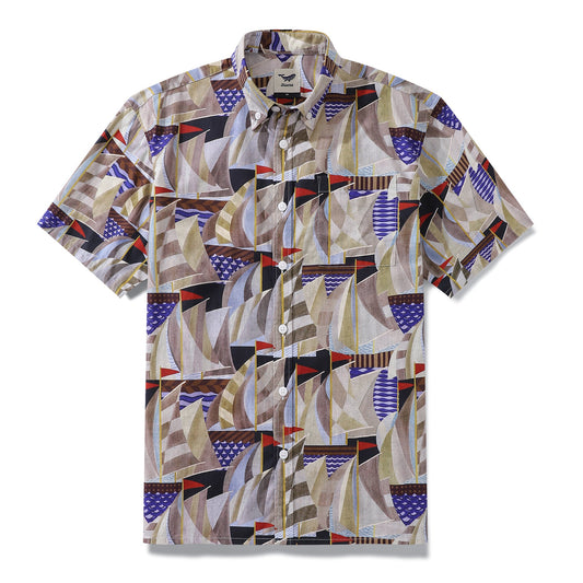 1960s Vintage Men's Hawaiian Shirt Sailboat Print Cotton Button-down Short Sleeve Aloha Shirt