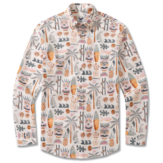 Long Sleeve Hawaiian Shirt For Men Tiki Beach By House of Haricot Cotton Button-down Aloha Shirt