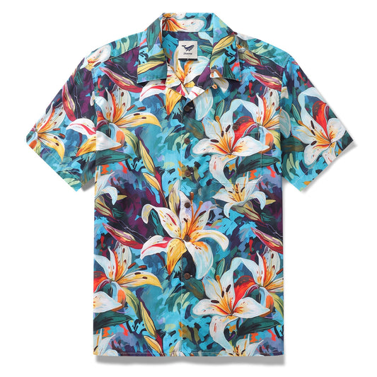 Hawaiian Shirt For Men Greenish Lily Flower Print Shirt Camp Collar 100% Cotton Shirt