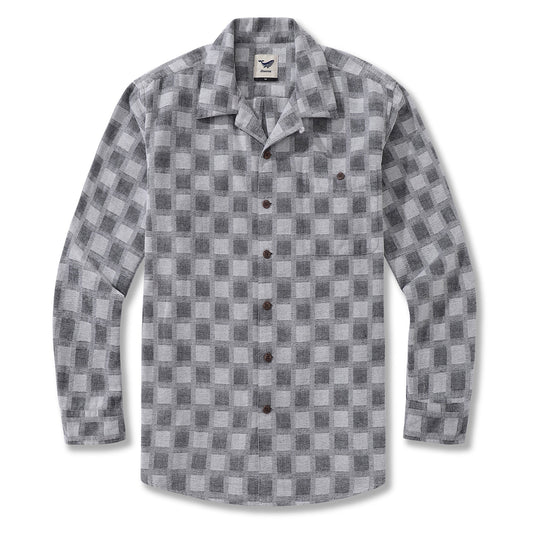 Men's Hawaiian Shirt Cotton Camp Collar Long Sleeve Classic Check Shirt - GRAY