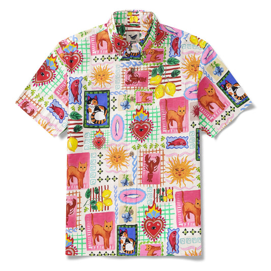 Men's Hawaiian Shirt Short Sleeve Button-down 100% Cotton Blue Aloha Summer Cats