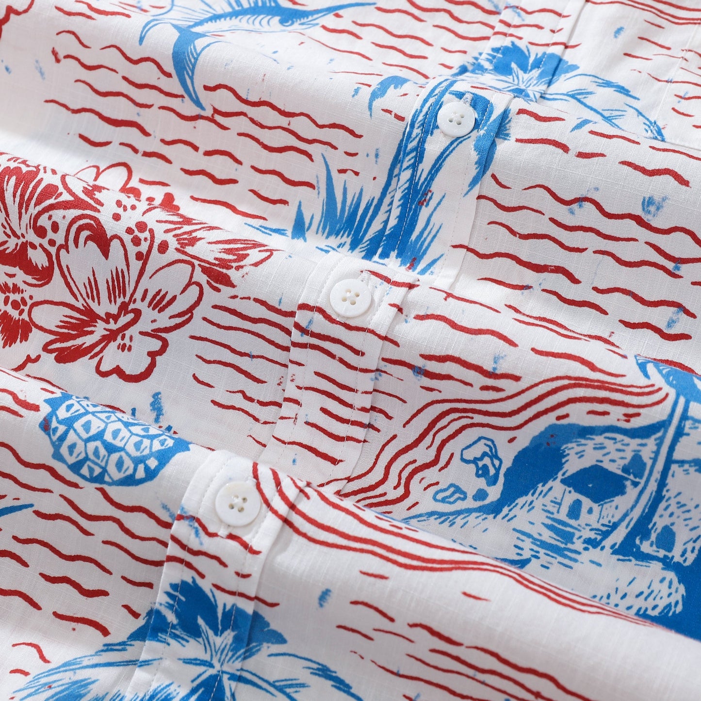 Hawaiian Men's Shirt with Tuna and Tropical Scenery Print, Made of 100% Cotton