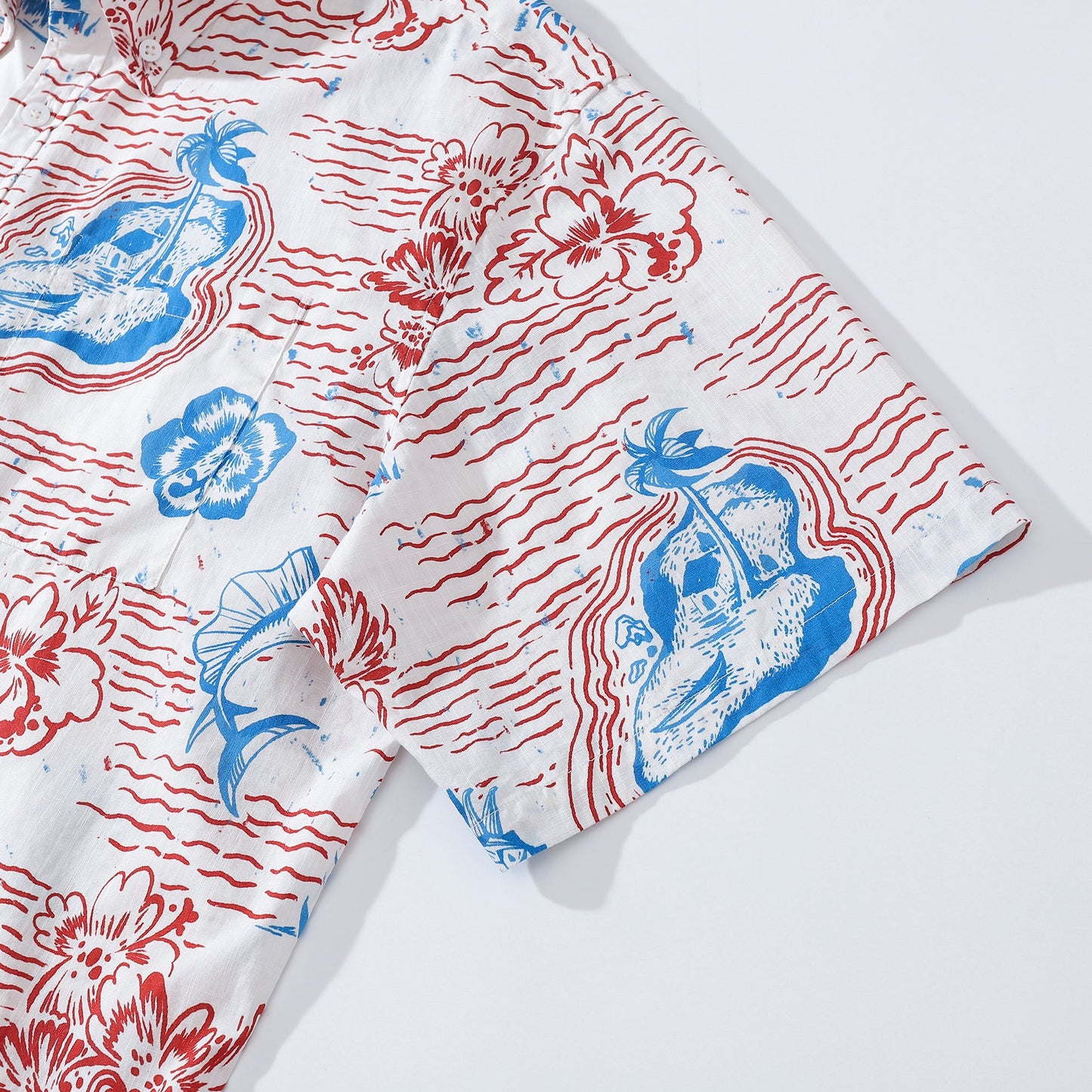 Hawaiian Men's Shirt with Tuna and Tropical Scenery Print, Made of 100% Cotton