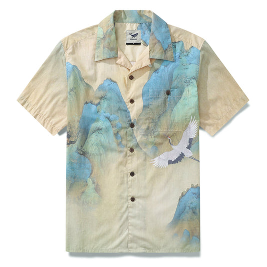 Men's 1950s Vintage Hawaiian Shirt Crane Rivers and Mountains Short Sleeve Camp Shirt