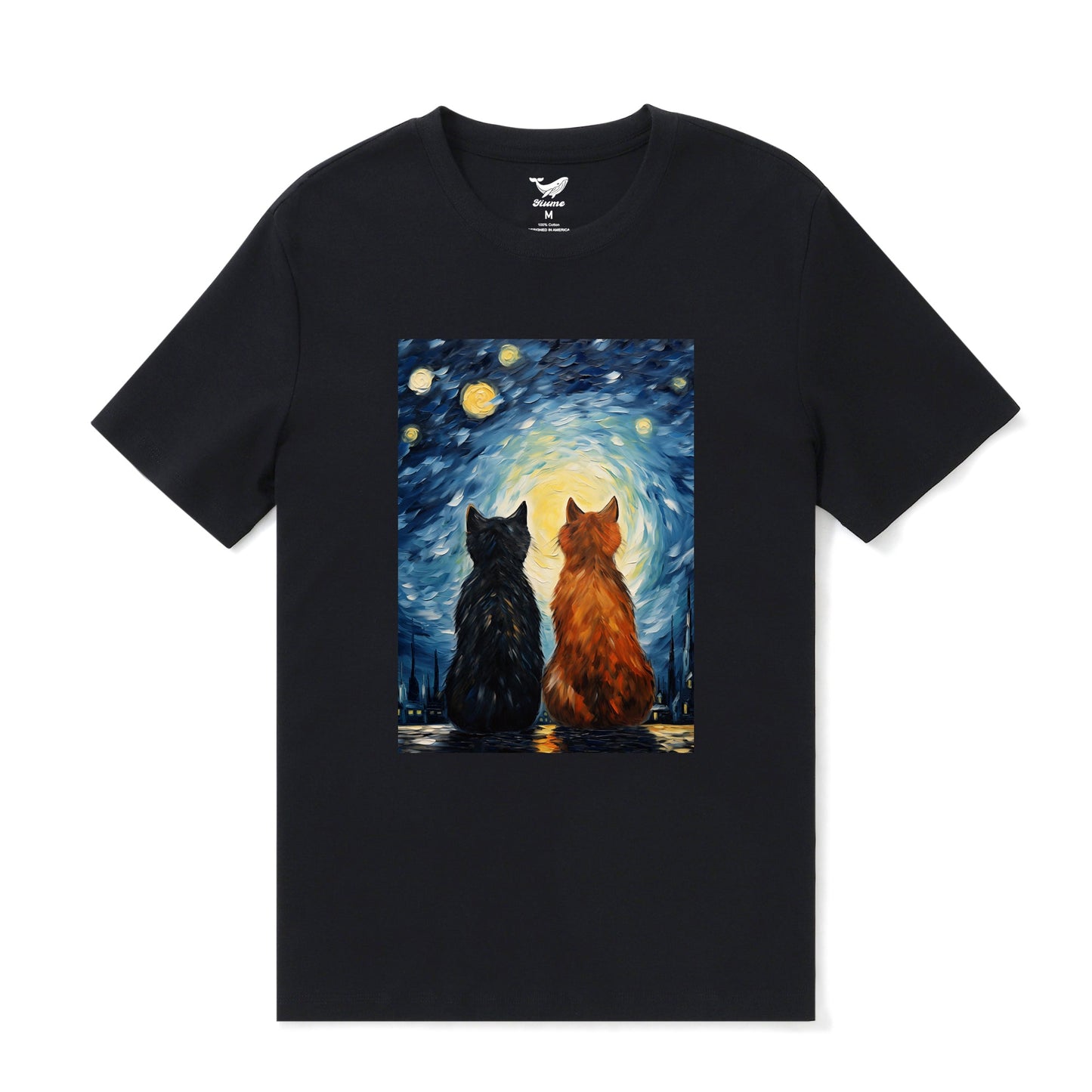 Hawaiian Tee For Men Cats In Love Van Gogh Tee Crew Neck 100% Cotton - BLACK