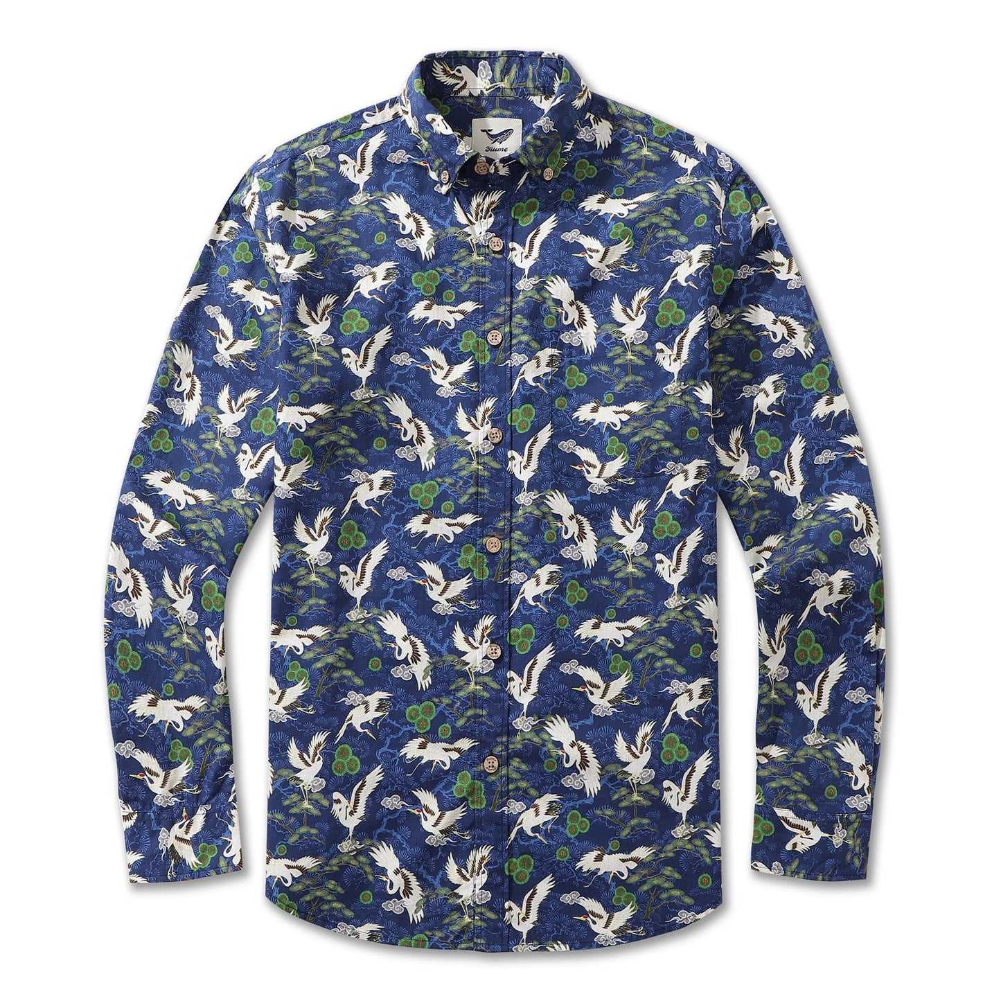 Men's Hawaiian Shirt Cranes Dancing in the Sky Cotton Button-down Long Sleeve Aloha Shirt