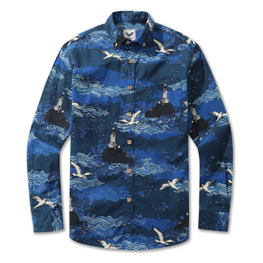 Men's Hawaiian Shirt Lighthouse By Alice Brown Cotton Button-down Long Sleeve Aloha Shirt