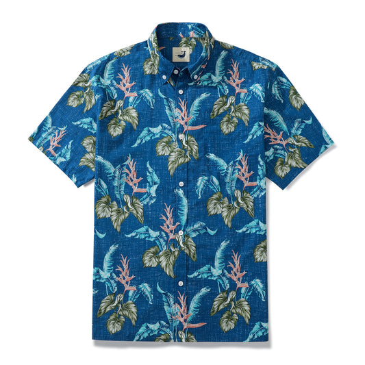 Dark Blue Banana Leaf Taro Leaf Hand Painted Floral 100% Cotton Men's Button-Down Shirt