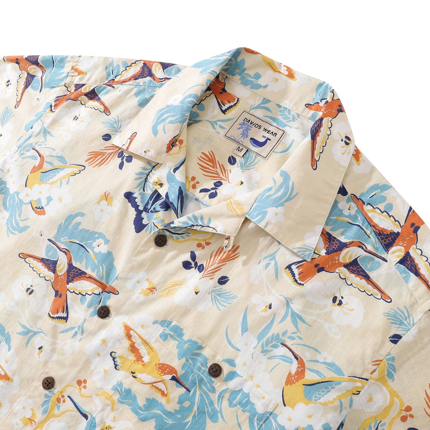 Hawaiian Shirts For Men White Flowers and Hummingbird Shirt 100% Cotton