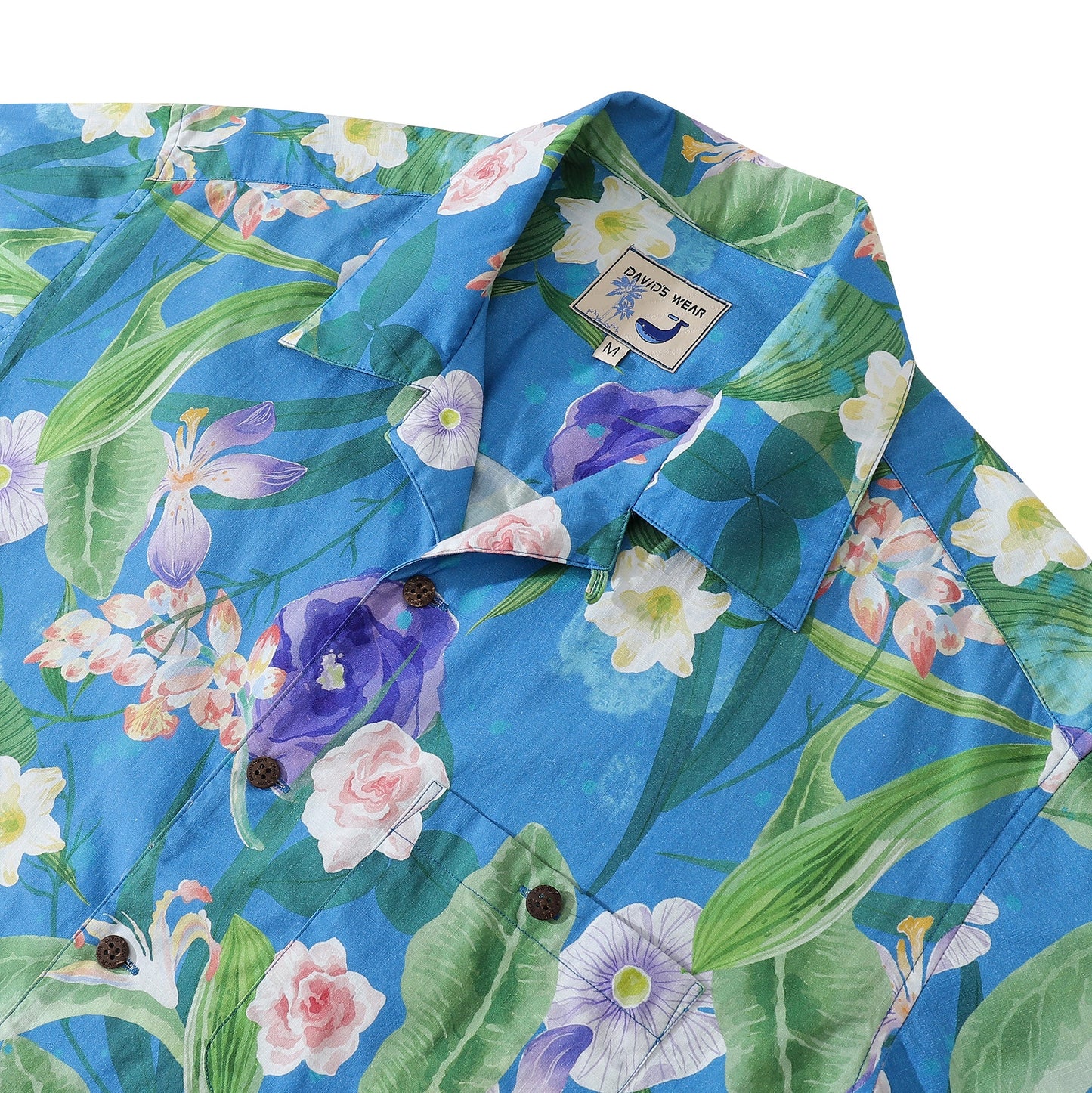 Men's Aloha Shirt Blue Tropical Floral Cotton Camp Collar Hawaiian Shirt