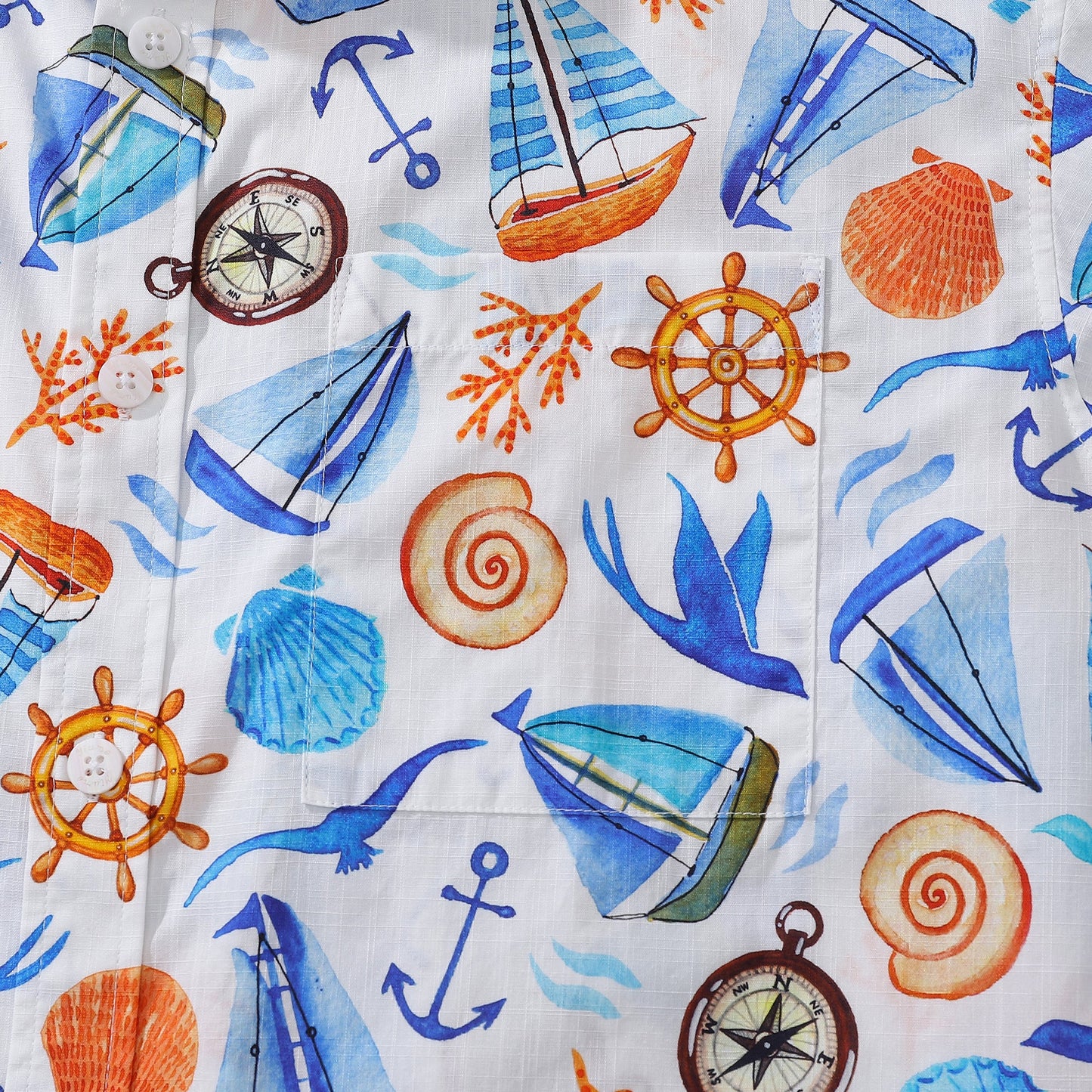 Men's 1970s Vintage Hawaiian Shirt Sailing Adventure Print Cotton Button-down