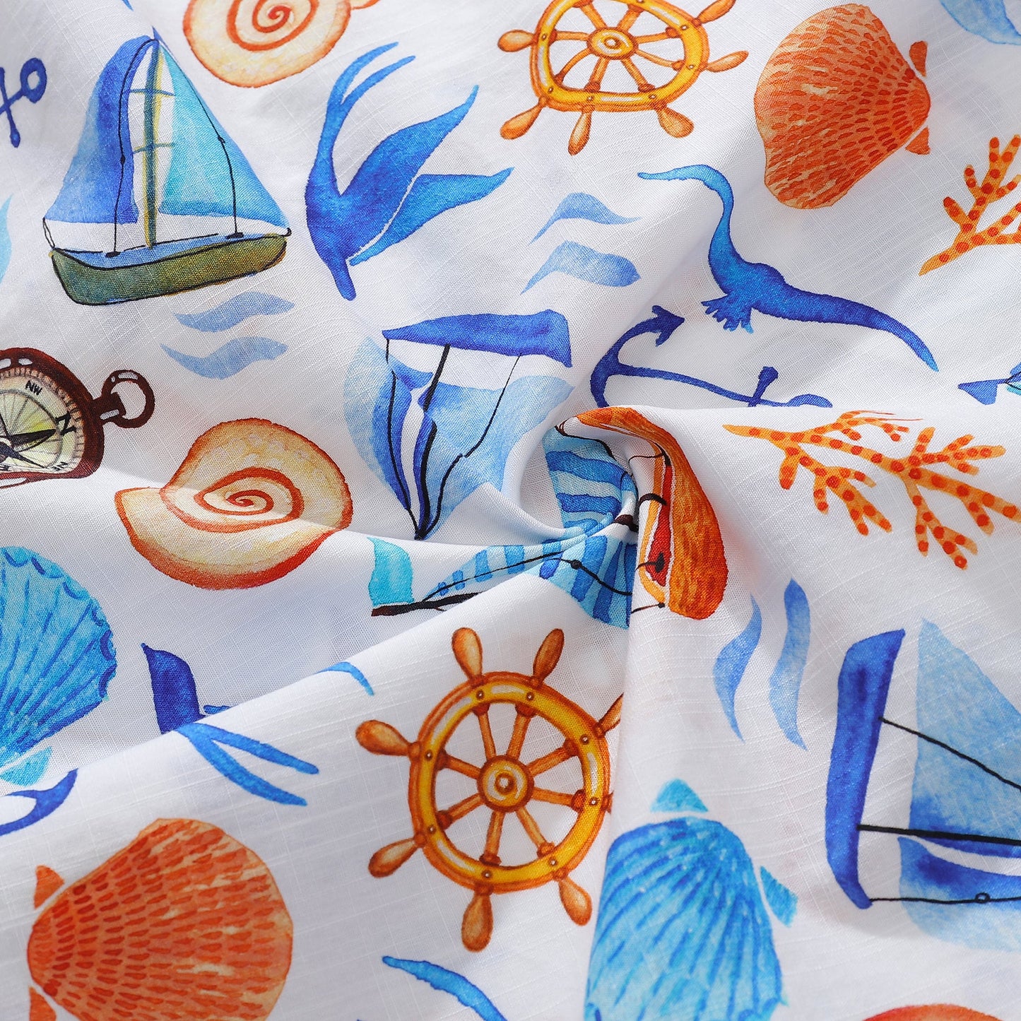 Men's 1970s Vintage Hawaiian Shirt Sailing Adventure Print Cotton Button-down