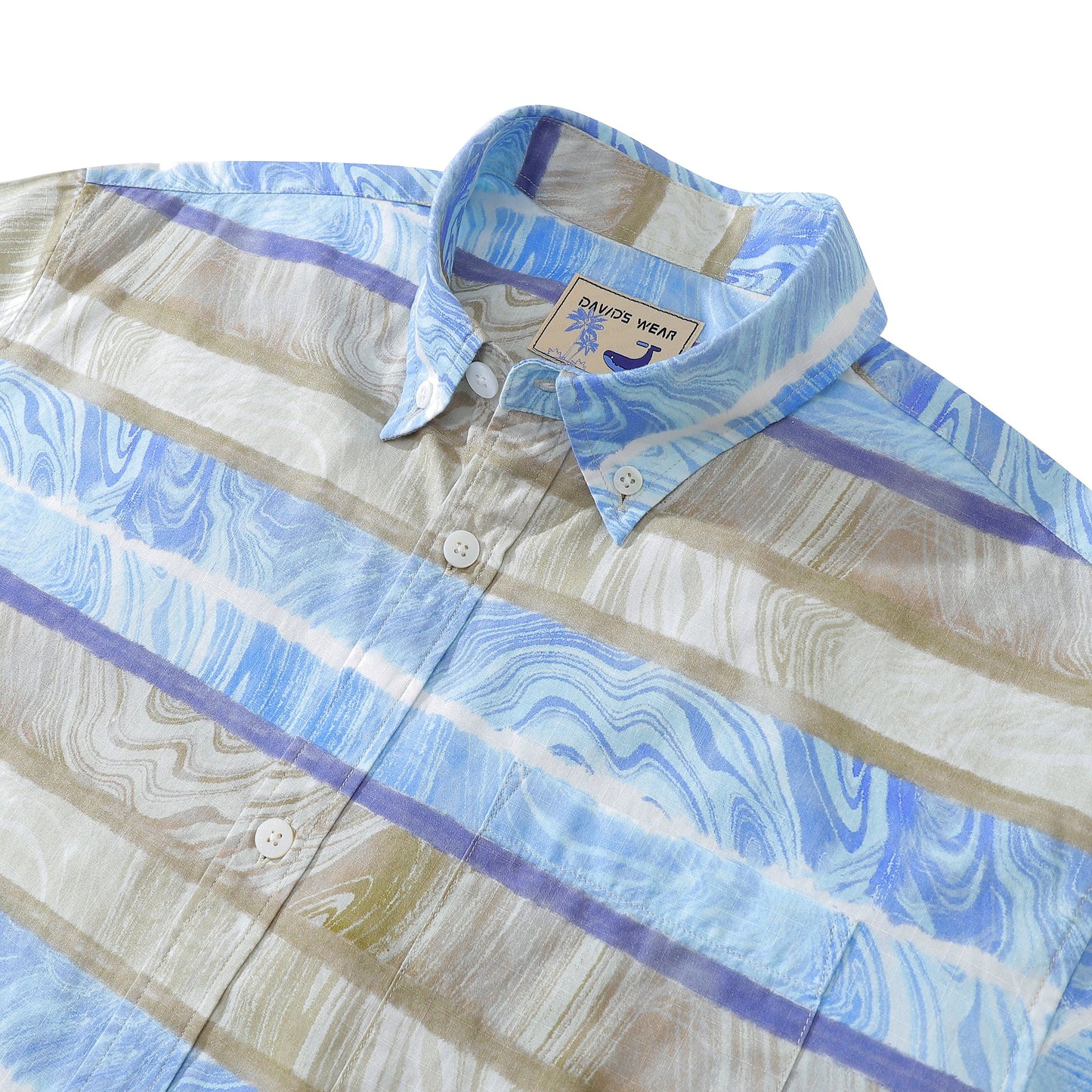 Men's Horizontal Stripe Shirt Blue Waves Print Casual Short Sleeve Button Down