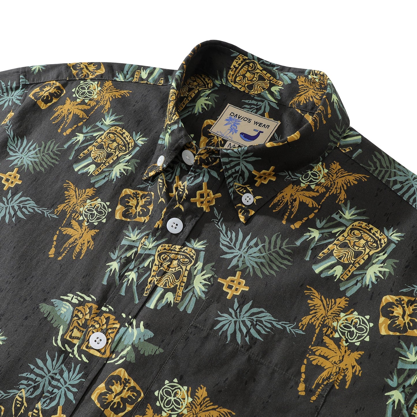 Hawaiian Shirt For Men Tiki Art Print Vintage Black Cotton Aloha Button Down