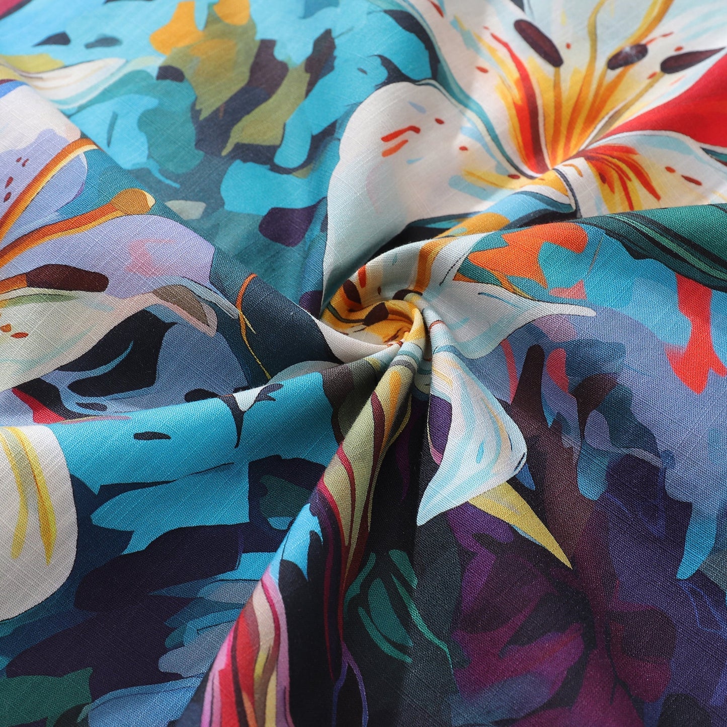 Hawaiian Shirt For Men Greenish Lily Flower Print Shirt Camp Collar 100% Cotton Shirt