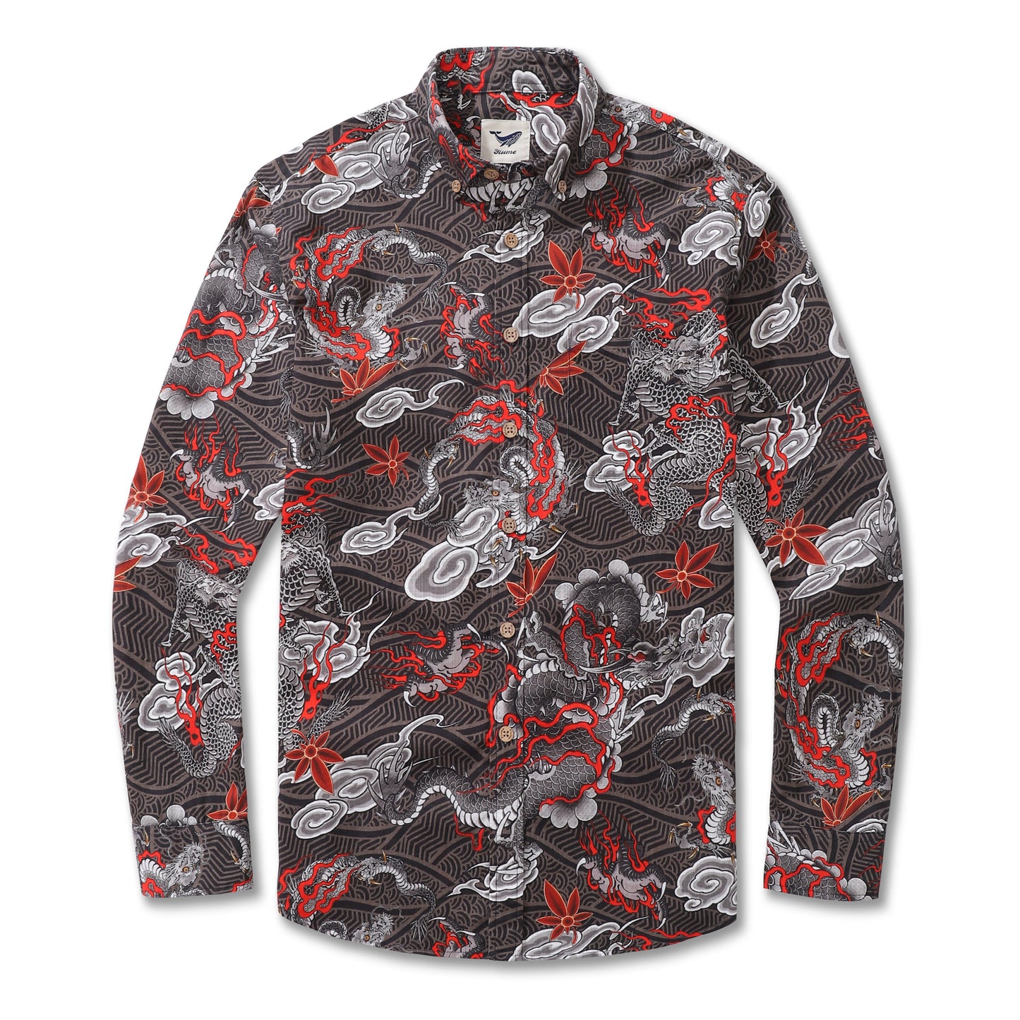 Long Sleeve Hawaiian Shirt For Men The Dragon's Flight Cotton Button-down Aloha Shirt