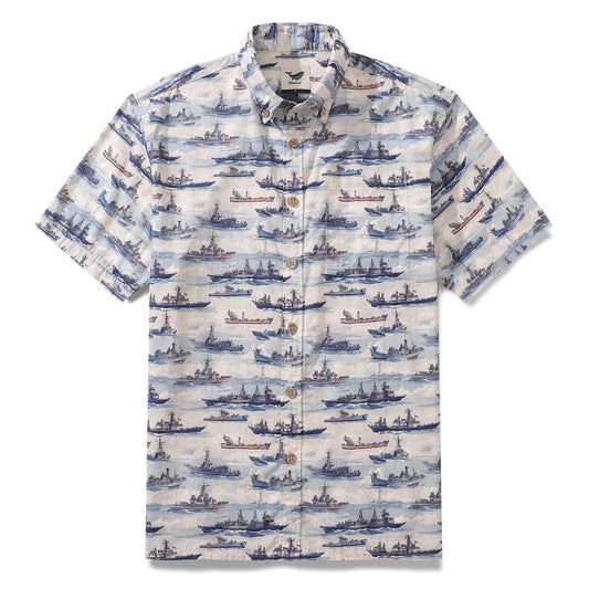 Men's Hawaiian Shirt The Might of the Navy Cotton Button-down Short Sleeve Aloha Shirt