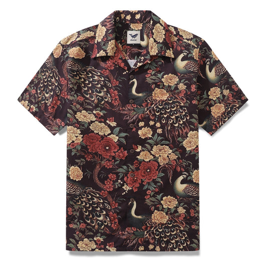 Hawaiian Shirt For Men Peacock and Flower Shirt Camp Collar 100% Cotton