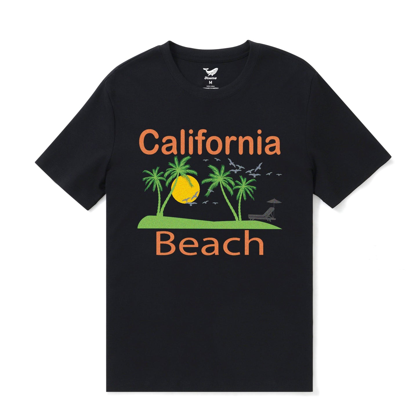 Hawaiian Tee For Men California Beach Tee Crew Neck 100% Cotton -BLACK