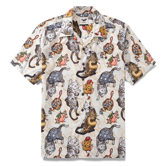 Cat Hawaiian Shirt For Men Ukiyo-e Art Print Camp Collar 100% Cotton Short Sleeve Shirt