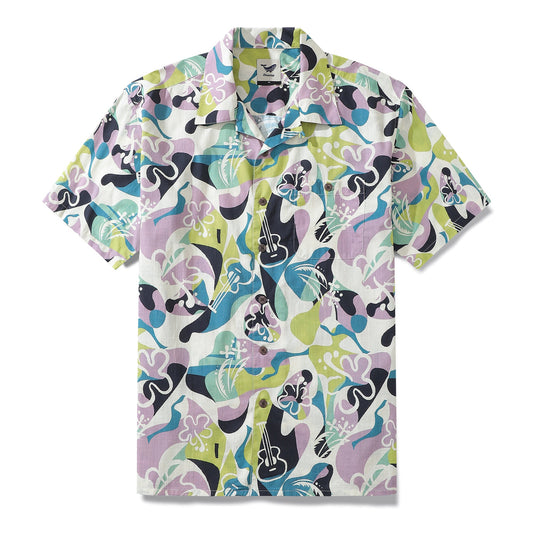 1960s Vintage Hawaiian Shirt For Men Waves and Notes Shirt Camp Collar 100% Cotton